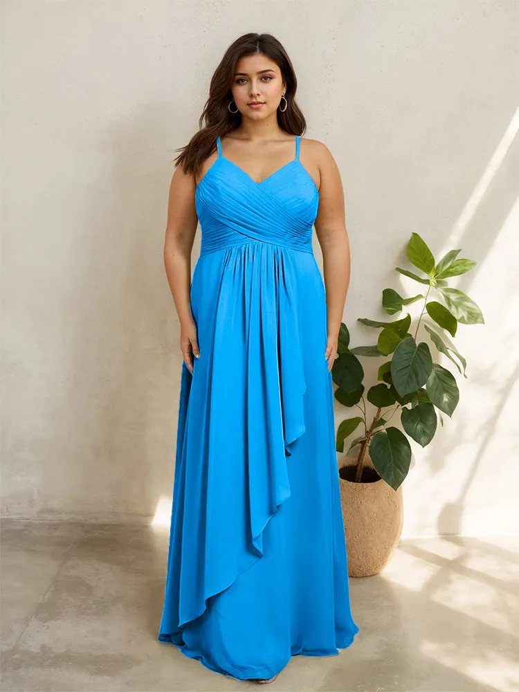 Spaghetti Straps Floor Length Plus Size V-neck Bridesmaid Dresses with Slit