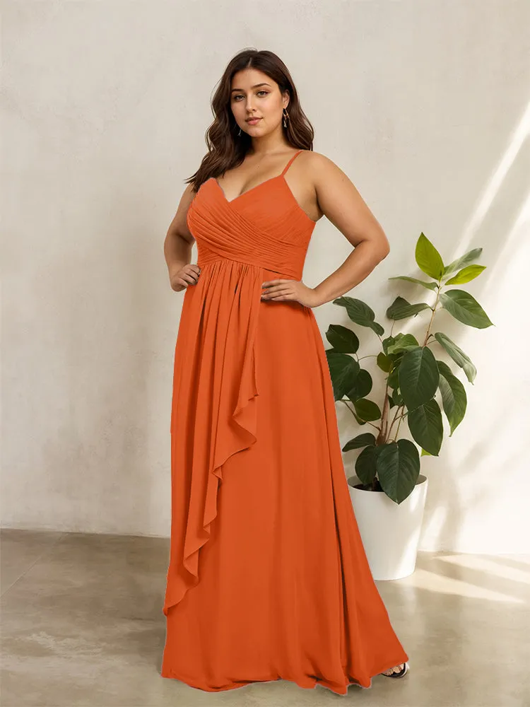 Spaghetti Straps Floor Length Plus Size V-neck Bridesmaid Dresses with Slit