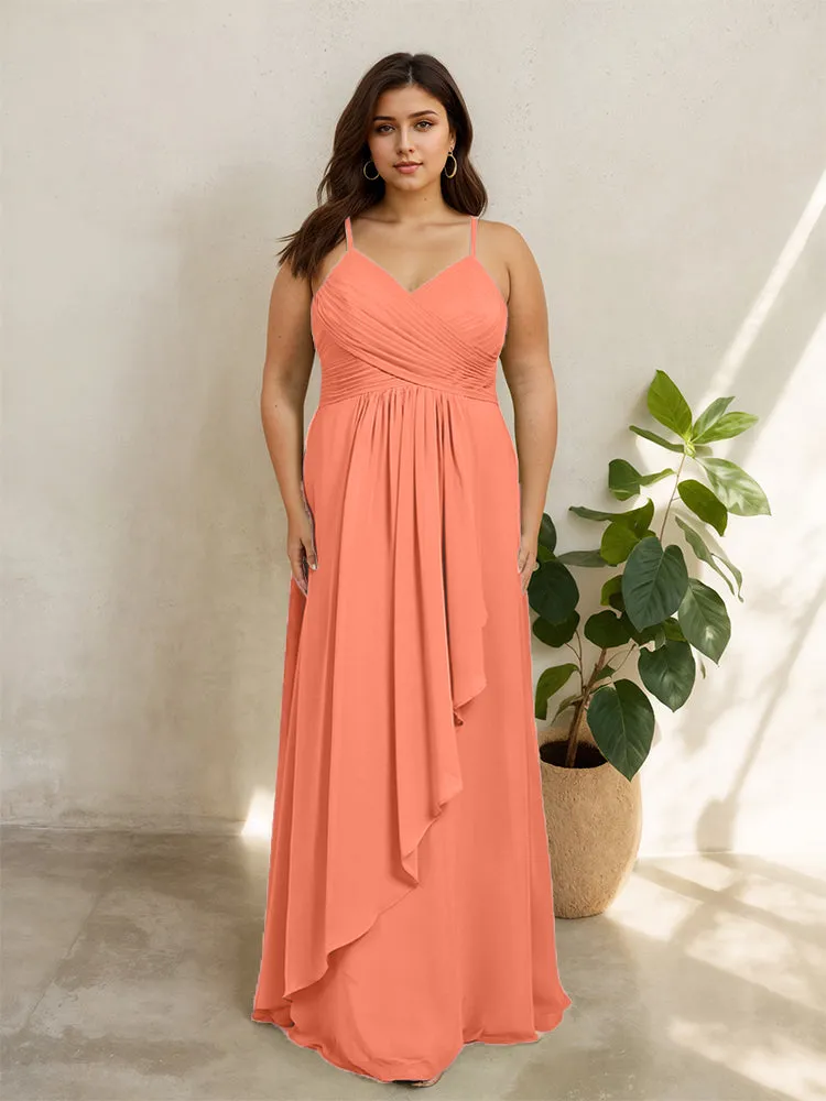 Spaghetti Straps Floor Length Plus Size V-neck Bridesmaid Dresses with Slit