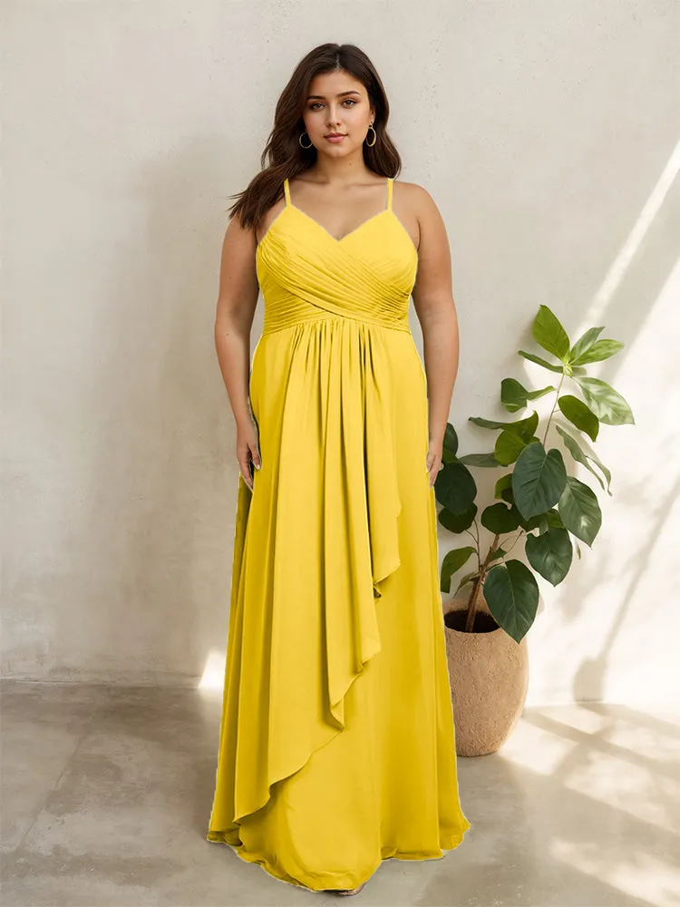 Spaghetti Straps Floor Length Plus Size V-neck Bridesmaid Dresses with Slit