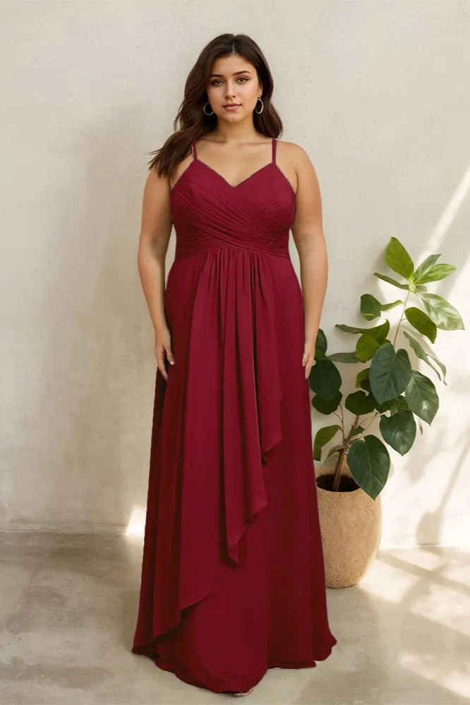 Spaghetti Straps Floor Length Plus Size V-neck Bridesmaid Dresses with Slit