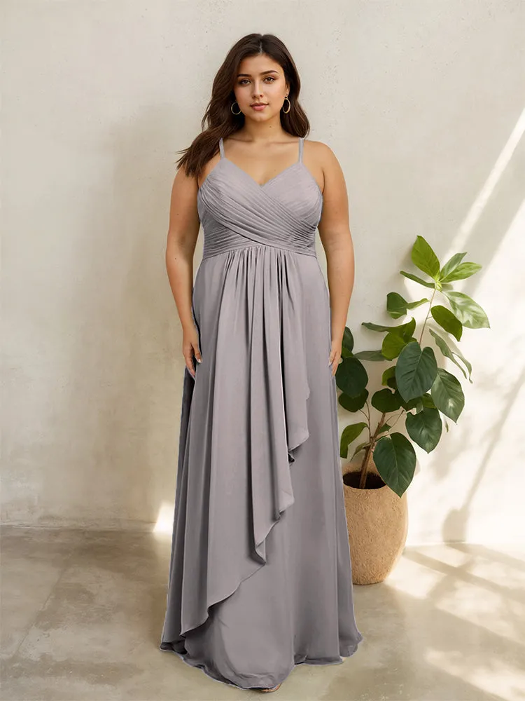 Spaghetti Straps Floor Length Plus Size V-neck Bridesmaid Dresses with Slit