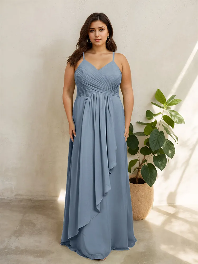 Spaghetti Straps Floor Length Plus Size V-neck Bridesmaid Dresses with Slit