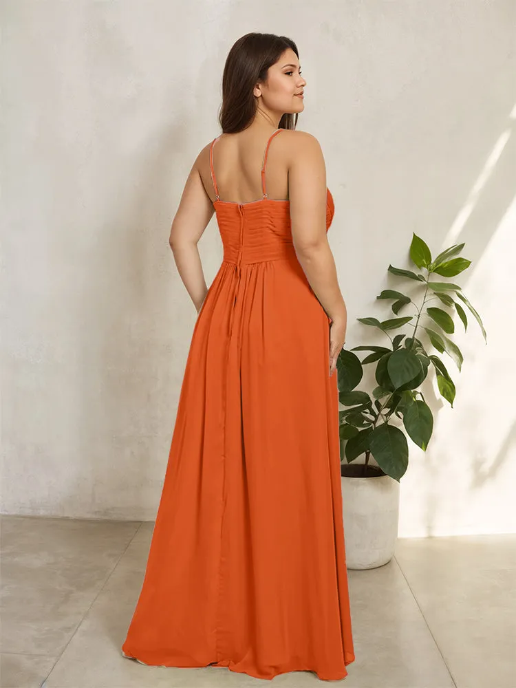 Spaghetti Straps Floor Length Plus Size V-neck Bridesmaid Dresses with Slit