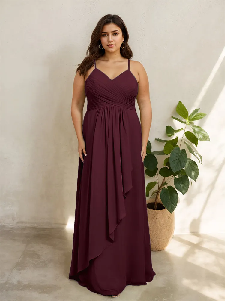 Spaghetti Straps Floor Length Plus Size V-neck Bridesmaid Dresses with Slit