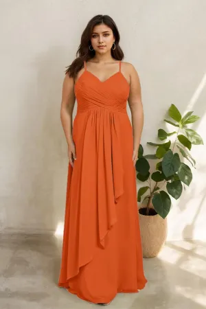 Spaghetti Straps Floor Length Plus Size V-neck Bridesmaid Dresses with Slit