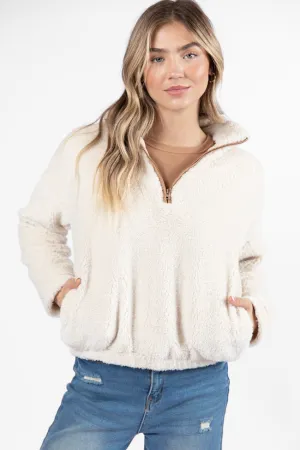 Stay Here Beige Contrast Trim Sherpa Pullover FINAL SALE