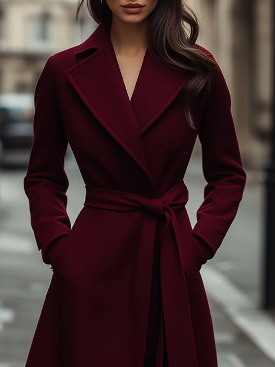 Structured Burgundy Wool Trench Coat with Feminine Fit