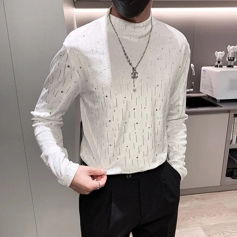 Stylish Velvet Rhinestone T-shirt for Men Long Sleeve Half Turtleneck