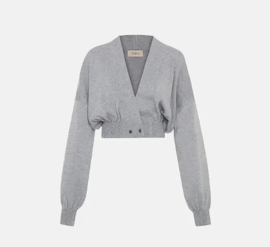 THEO- Smock Hem Cropped Cardigan in Heather Grey