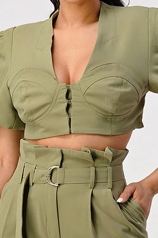 Two Piece Olive Hue Cropped Top And Belted Pant Set