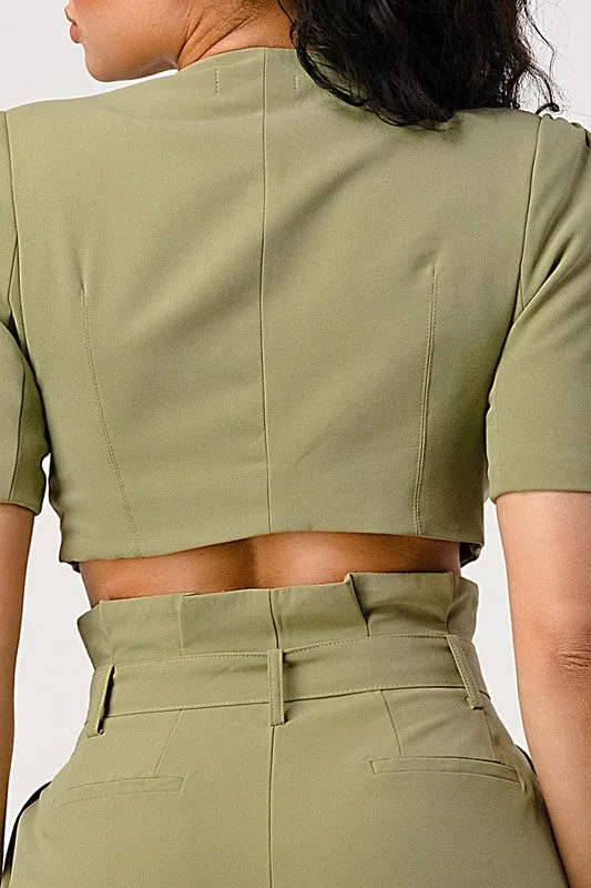 Two Piece Olive Hue Cropped Top And Belted Pant Set