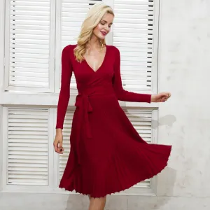 Vintage Ruffle Autumn Winter Bow Sash Sexy Dress