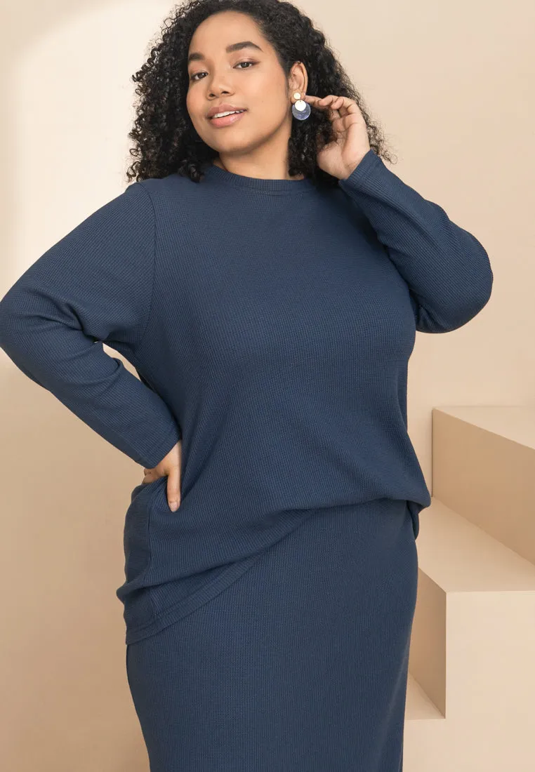 Wafah Long Sleeves Waffle Top - Dark Blue