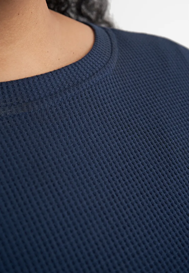 Wafah Long Sleeves Waffle Top - Dark Blue