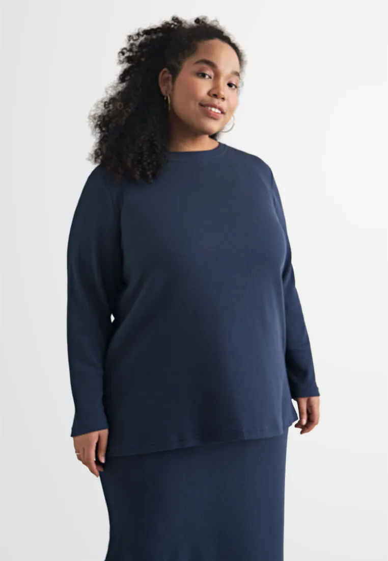 Wafah Long Sleeves Waffle Top - Dark Blue