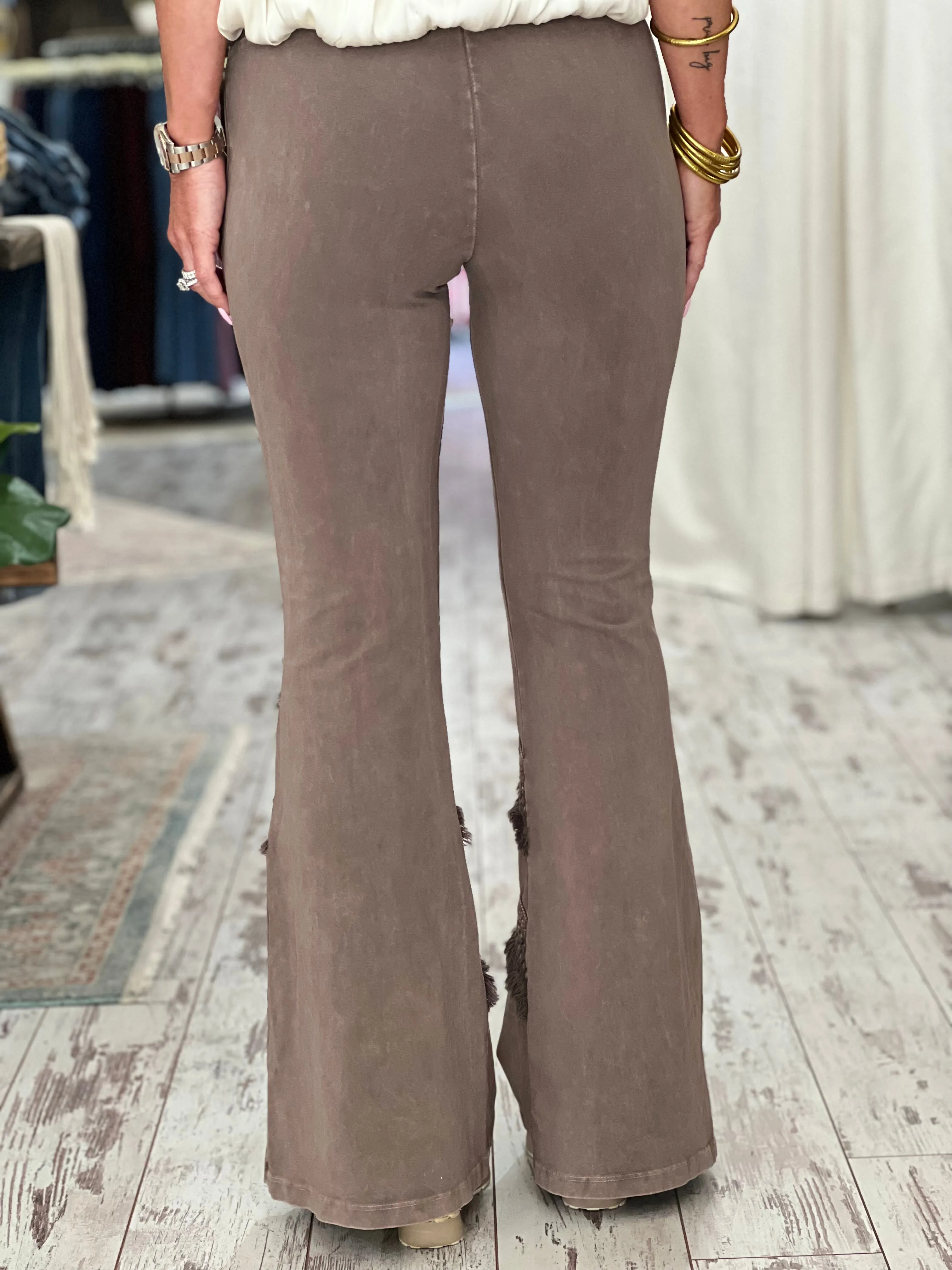 Washed Bell Bottom Flare with Fringe in Taupe