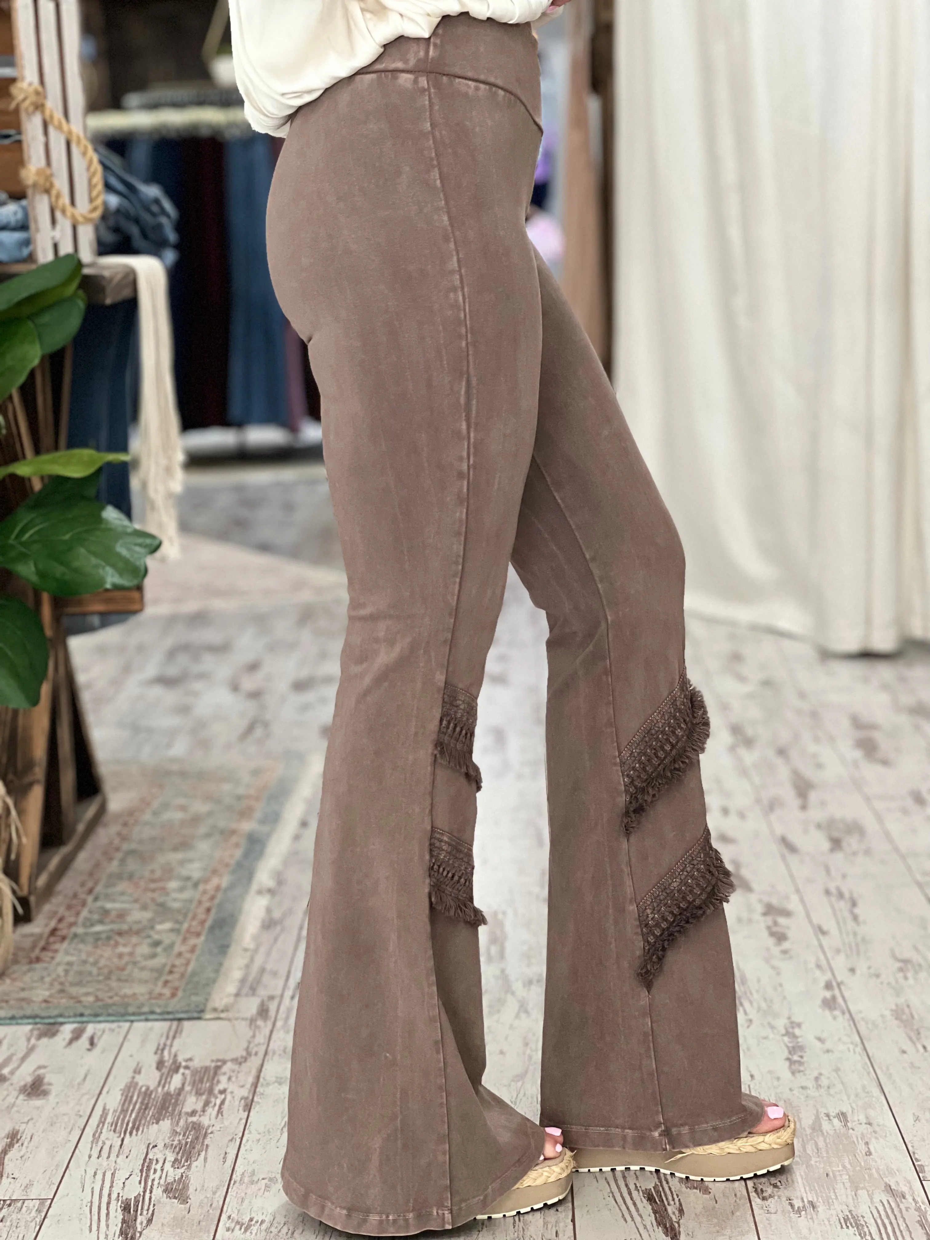 Washed Bell Bottom Flare with Fringe in Taupe