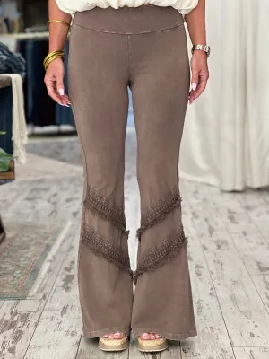 Washed Bell Bottom Flare with Fringe in Taupe