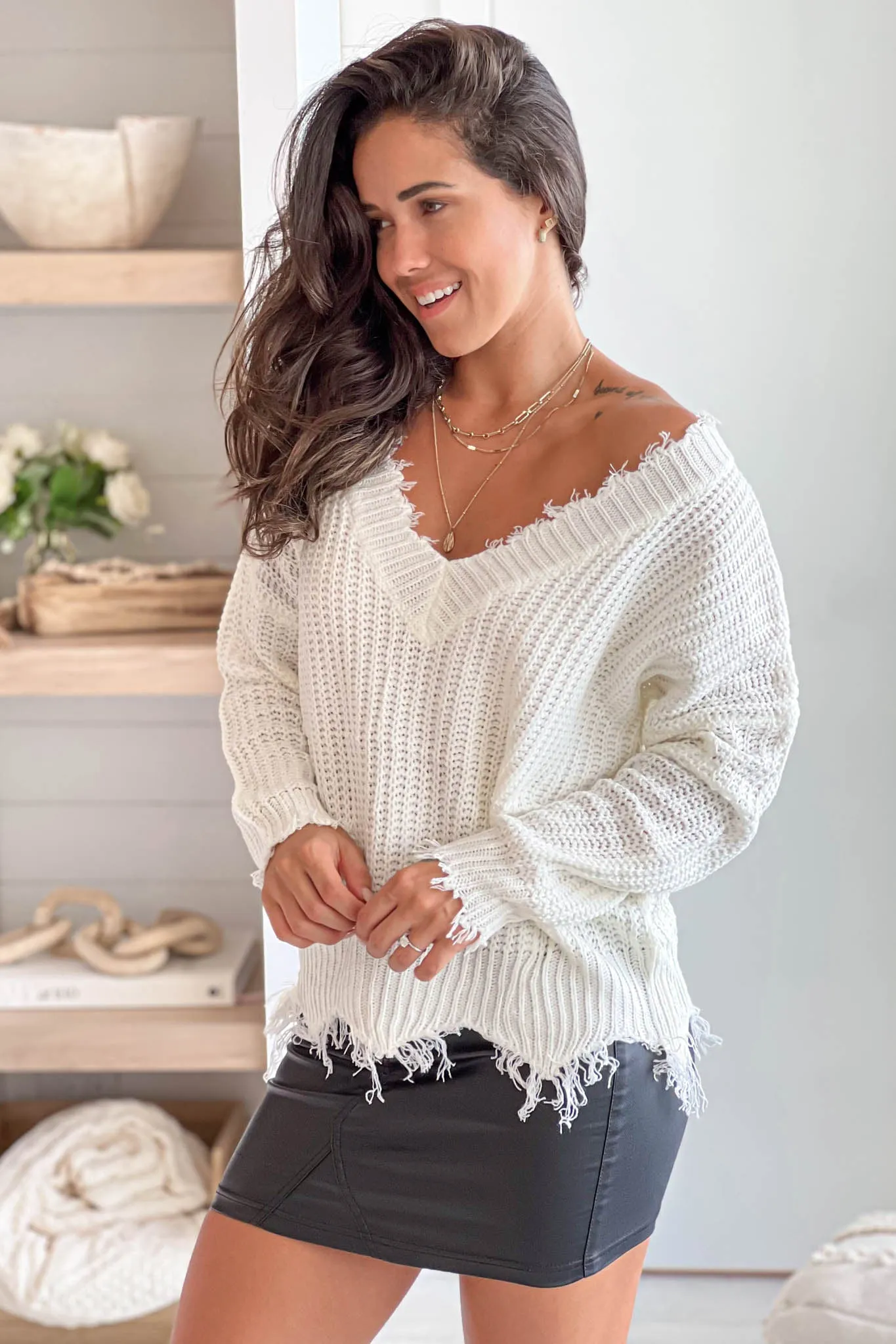 White V-Neck Frayed Sweater