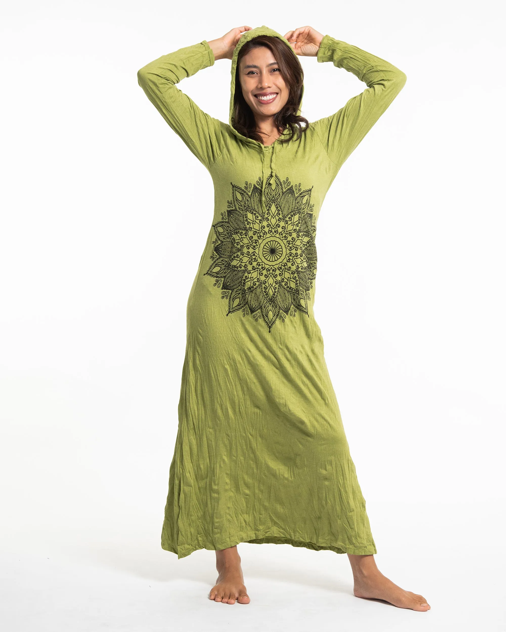 Womens Lotus Mandala Long Hoodie Dress in Lime