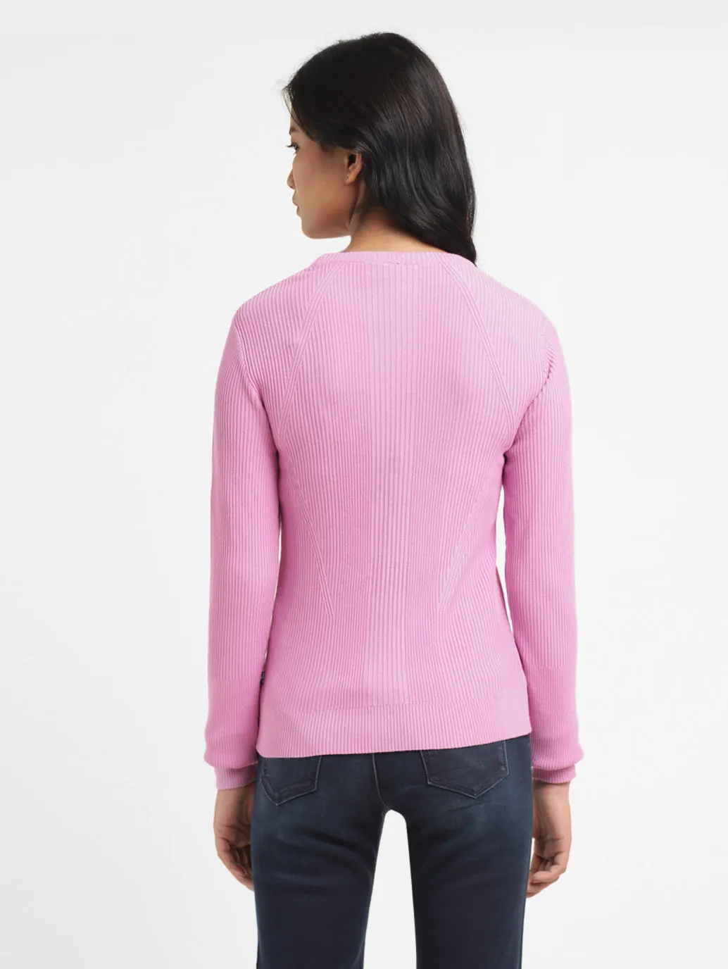 Women's Self Design Pink Crew Neck Sweater