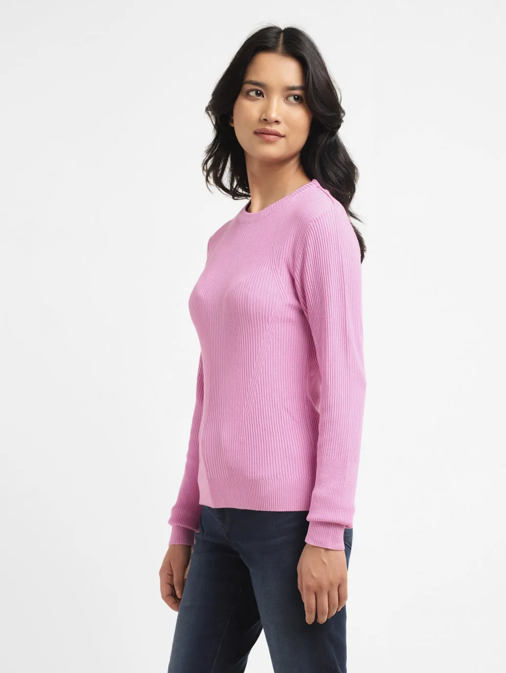 Women's Self Design Pink Crew Neck Sweater