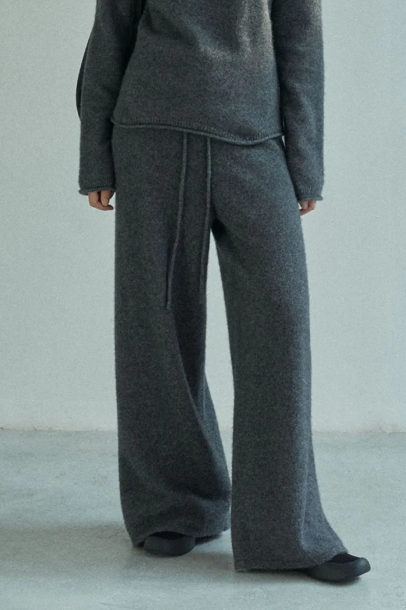 Wool X yak velvet elastic waist wide leg knit pants | 4 color